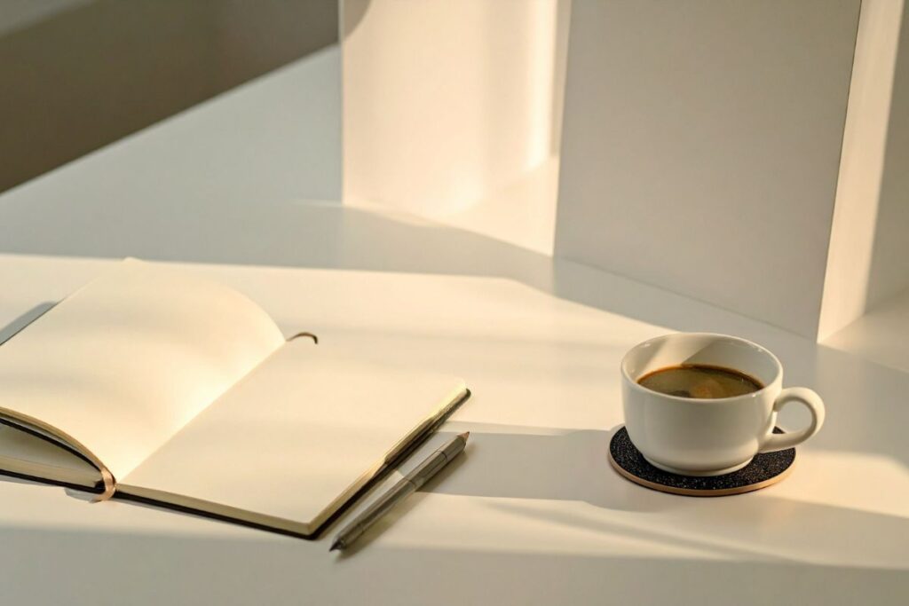Open journal with pen and cup of tea in soft sunlight, symbolising reflection and calm moments in The Reset Journey 3 week online stress relief program.